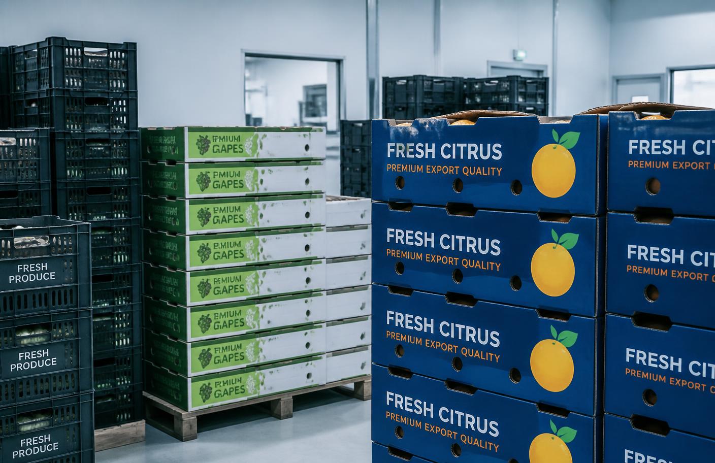 Export cartons and crates stacked in a fruit pack house